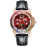 Reef Tiger RGA1988 Burgundy Red Dial Moonphase of Men 42mm Automatic Mechanical Rose Gold Watch - Rainbow Zirconia Bezel